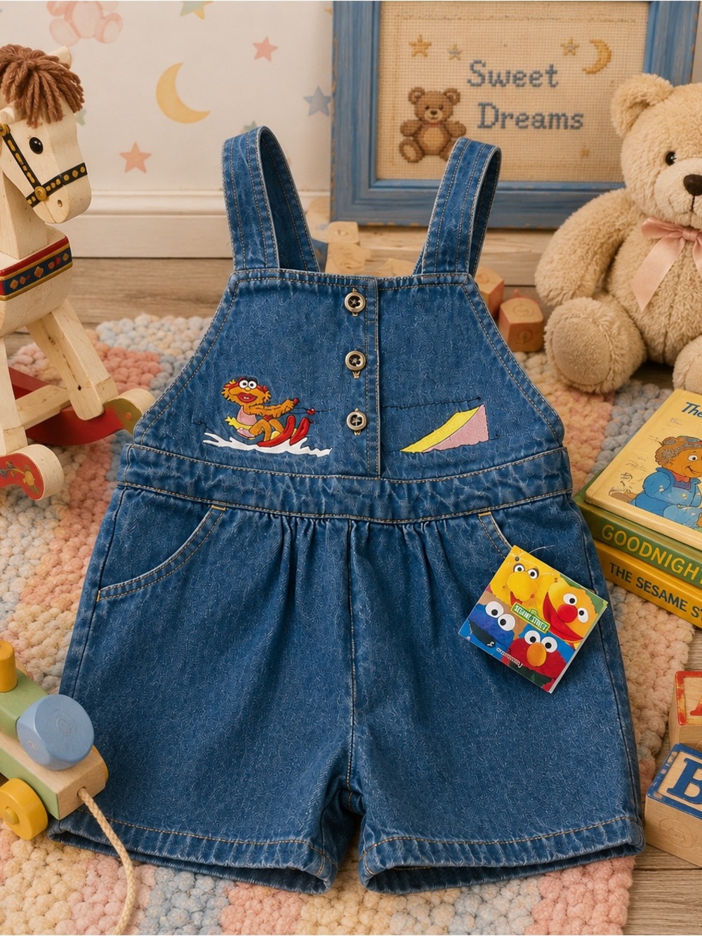 Vintage Y2K NWT Sesame Street Zoe Denim Shortalls Overalls 4T Deadstock Rare